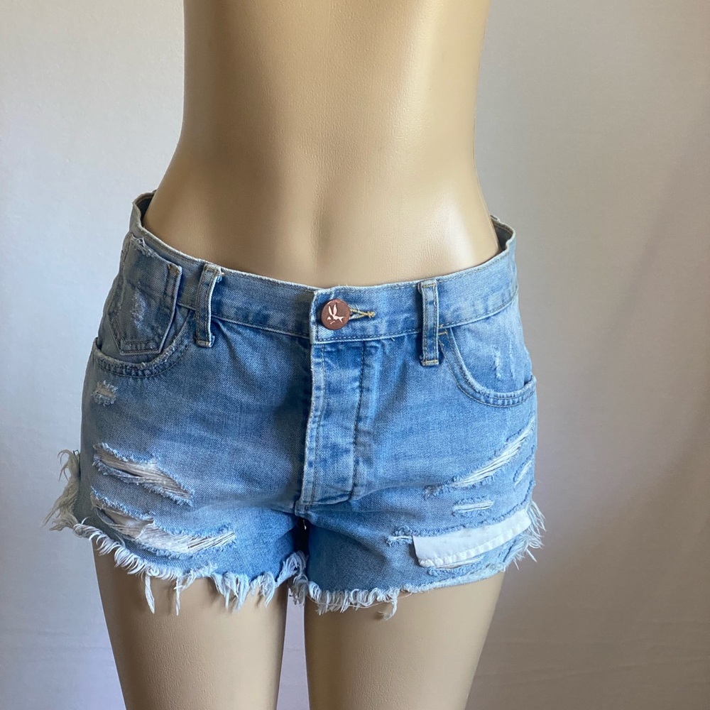 Blue Distressed Jean Shorts with Frayed Hem
